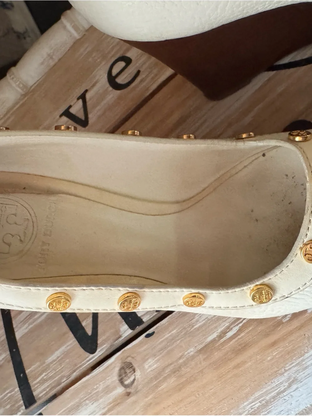 Tory Burch White Leather Peep-Toe Wedges with Gold Studs